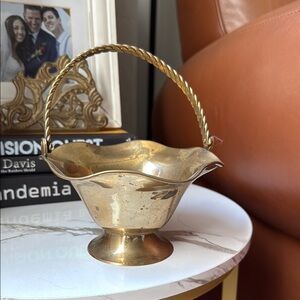 Vintage Solid Brass Gold Basket with ruffled edges and movable handle